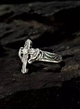 白木黑冰情侣小众雕花十字戒指