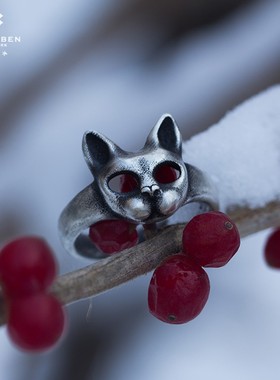 白木黑冰原创925纯银小猫咪戒指