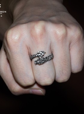 原创纯银霸王龙戒指复古生肖开口