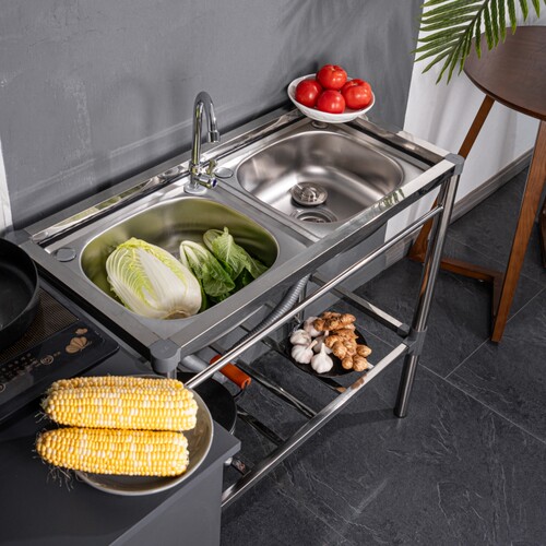 厨房不锈钢水槽带操作台平台洗菜水池洗手盆家用一体台面单槽双槽 - 图0