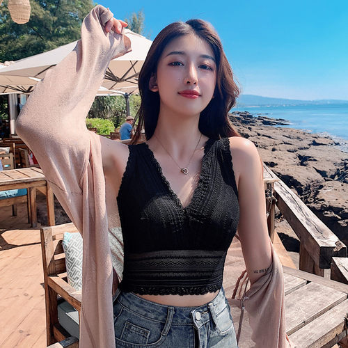 蕾丝带胸垫抹胸裹胸内衣女夏防走光打底美背性感V领吊带背心上衣 - 图0