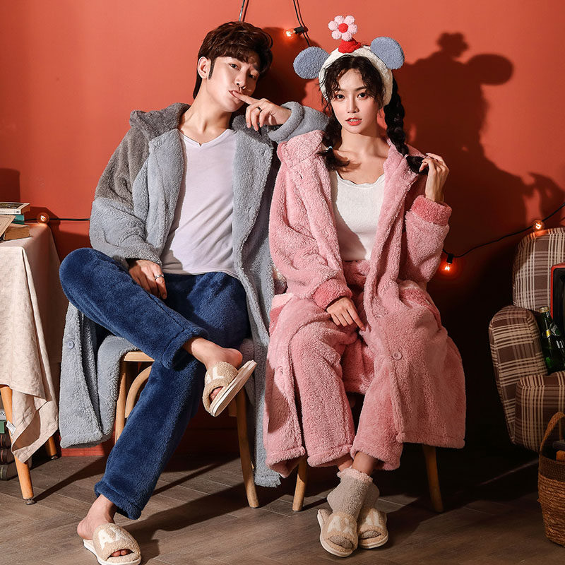珊瑚绒情侣睡衣套装加绒保暖浴袍 muzihome睡衣/家居服套装