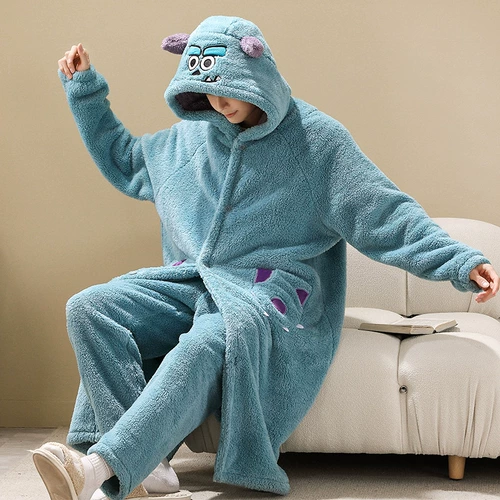 Монстр, демисезонный коралловый бархатный банный халат, демисезонная длинная фланелевая пижама, комплект, длина макси, увеличенная толщина