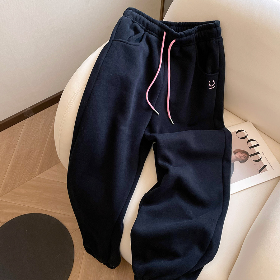 小C家 笑脸刺绣高腰束脚卫裤女2025春秋宽松显瘦运动休闲阔腿裤子,淘宝优惠券,粉丝福利购,淘宝优惠卷