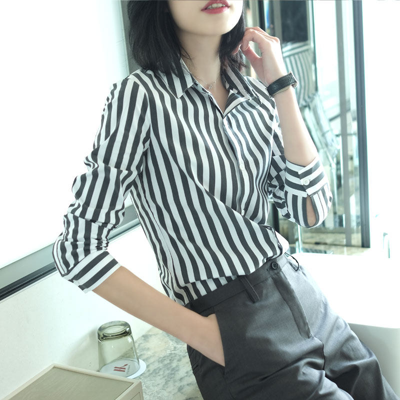 经典独爱休闲黑白条纹女士立领衬衣 classnice衬衫