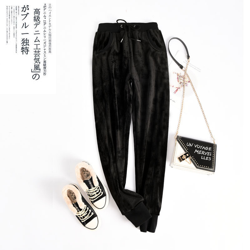 加长金丝绒秋冬高腰加绒宽松运动裤 灿洛休闲裤