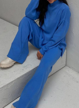 Women's long sleeved loose sweater top and pants set休闲套装