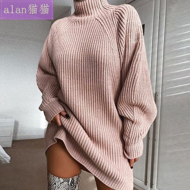 2020winter women knitted mid-length turtleneck sweater dress-图1