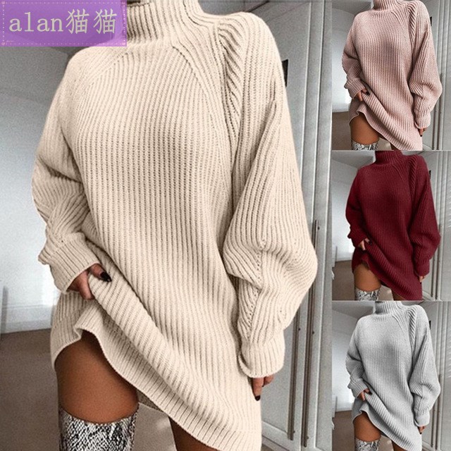 2020winter women knitted mid-length turtleneck sweater dress-图0