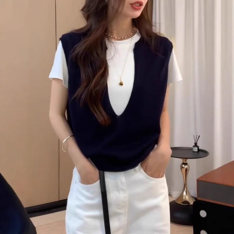 胖MM大码女装假两件宽松显瘦短袖T恤2025新款薄款冰丝针织衫上衣 - 图0