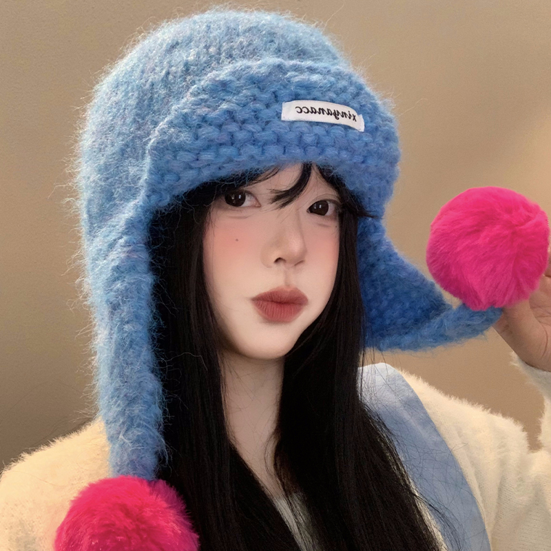 马海毛蓝色针织护耳帽女秋冬季毛球显脸小毛线帽加厚保暖雷锋帽子