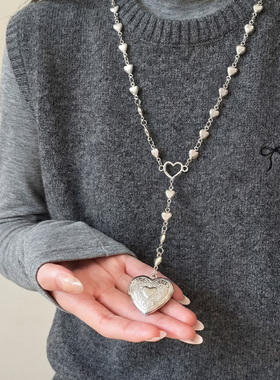 银色古着雕花爱心项链女款复古