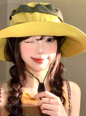 拼色系绳速干渔夫帽女春夏季薄款