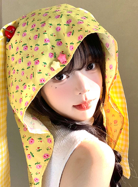 可爱樱桃碎花兔耳朵绑带头巾帽子