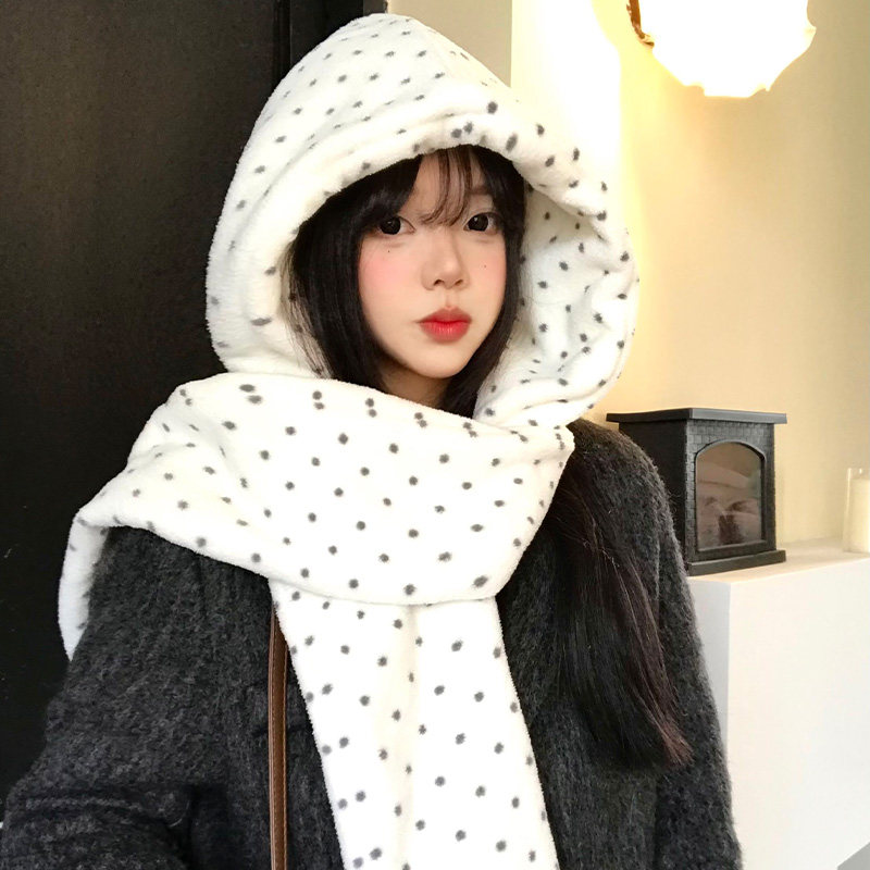 白色波点帽子围巾一体女冬季毛绒加厚保暖防寒护耳连帽围脖雷锋帽,淘宝优惠券,粉丝福利购,淘宝优惠卷