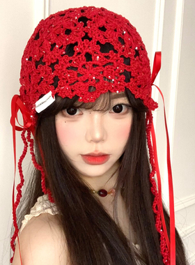 红色蝴蝶结亮片镂空包头帽女夏季