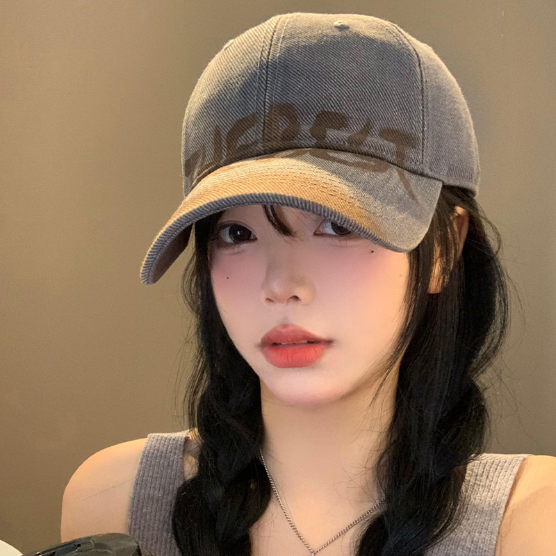 水洗做旧字母棒球帽女美式复古大头围鸭舌帽显脸小宽帽檐软顶帽子 - 图2