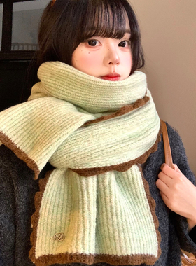 绿色花边针织围巾秋冬韩系氛围感
