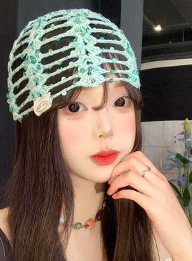 绿色亮片镂空针织包头帽女春夏