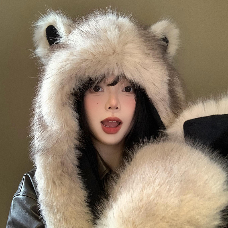 可爱狐狸耳朵毛绒帽子围巾一体女秋冬季仿皮草保暖护耳手套三件套