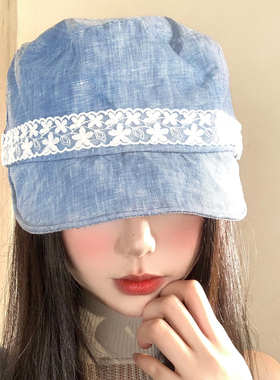 韩系蕾丝蓝色鸭舌马术帽女春夏