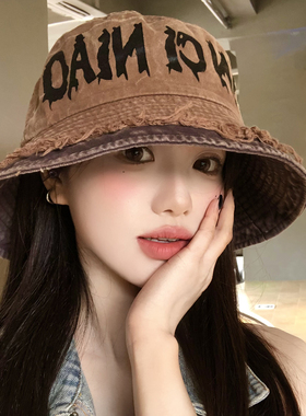 做旧字母毛边牛仔渔夫帽女大帽檐