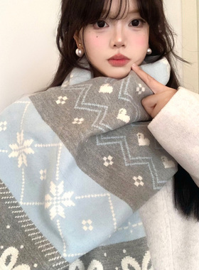 可爱蓝色雪花提花小兔子围巾保暖