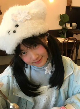 可爱白色雪花小狗毛绒帽显脸小