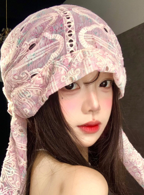 粉色蕾丝镂空绑带包头帽女夏薄款