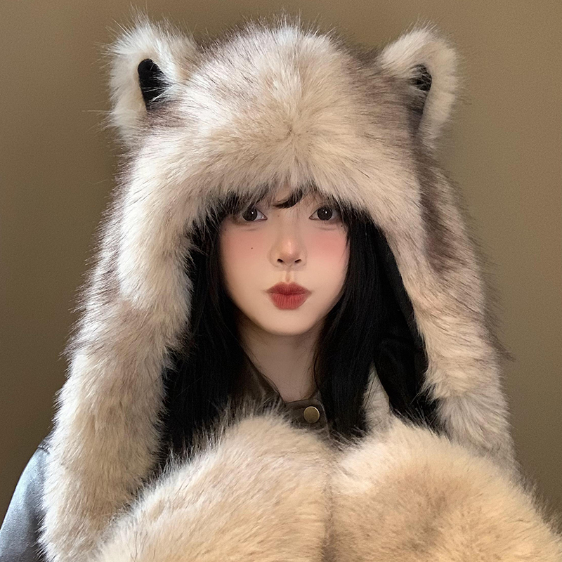 可爱狐狸耳朵毛绒帽子围巾一体女秋冬季仿皮草保暖护耳手套三件套