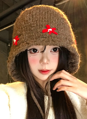 花朵系带针织护耳帽女秋冬季复古