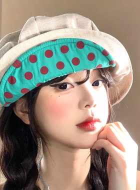 亚麻波点翻檐八角帽女夏季大头围