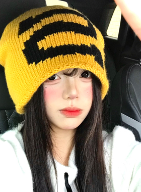 黄色字母针织帽女秋冬季2026新款