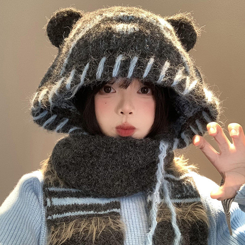 可爱小熊耳朵针织帽子围巾一体女冬季百搭显脸小毛线帽保暖护耳帽