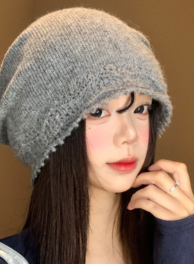 灰色针织毛线堆堆帽女秋冬日系
