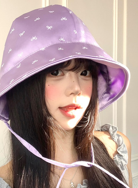 紫色猫耳朵双面戴缎面渔夫帽女
