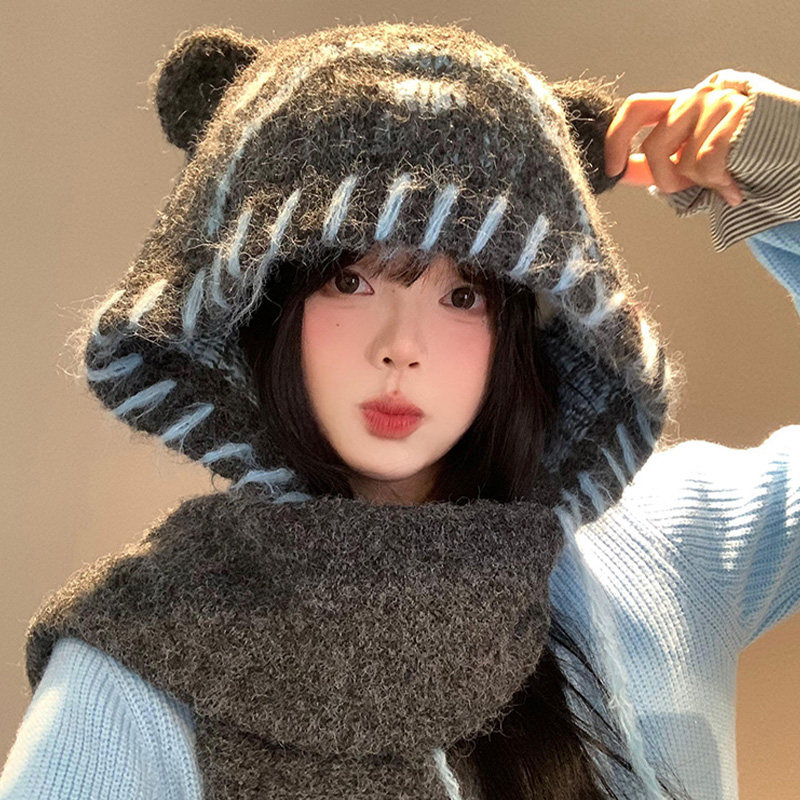 可爱小熊耳朵针织帽子围巾一体女冬季百搭显脸小毛线帽保暖护耳帽