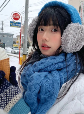 蓝色羊羔绒耳罩绑带女冬季保暖