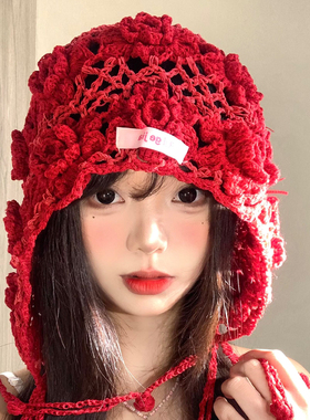 红色钩花针织包头帽民族风川西