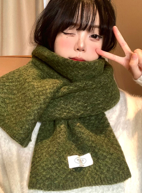 绿色针织毛线围巾女秋冬季韩版