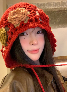 红色民族风花朵手工编织毛线帽