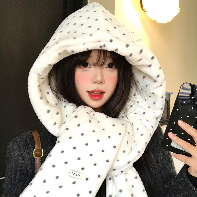 白色波点帽子围巾一体女冬季毛绒加厚保暖防寒护耳连帽围脖雷锋帽,淘宝优惠券,粉丝福利购,淘宝优惠卷