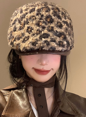 复古豹纹贝雷帽女秋冬季