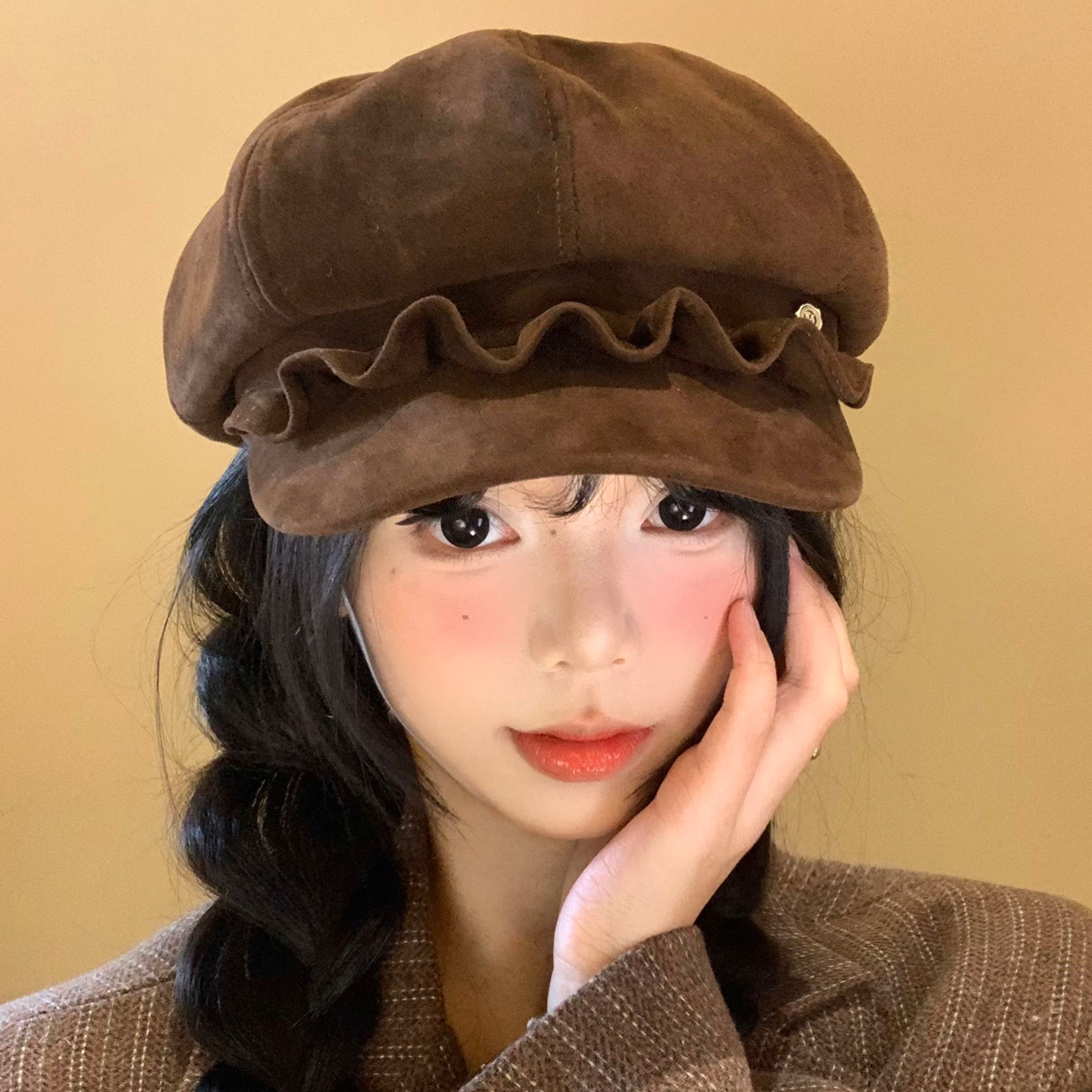 麂皮绒褶皱边贝雷帽女秋冬季美拉德复古八角帽大头围报童画家帽子 - 图0