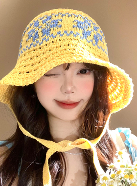 黄色针织绑带渔夫帽女春夏大檐