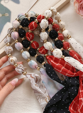 花朵格纹长条丝巾系脖高级感复古