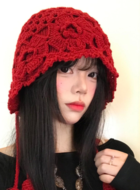 川西旅游花朵流苏红色毛线帽子女