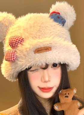 可爱Kitty猫毛绒针织帽女显脸小
