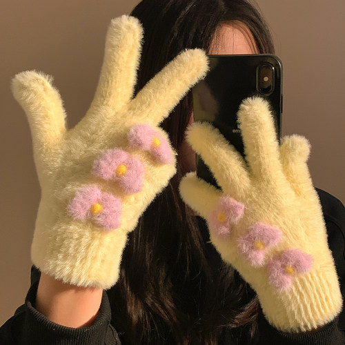 可爱多巴胺蝴蝶手套女冬季针织毛线毛绒加厚防寒保暖触屏骑车骑行 - 图1