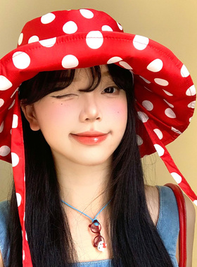 红色波点绑带渔夫帽女夏防紫外线